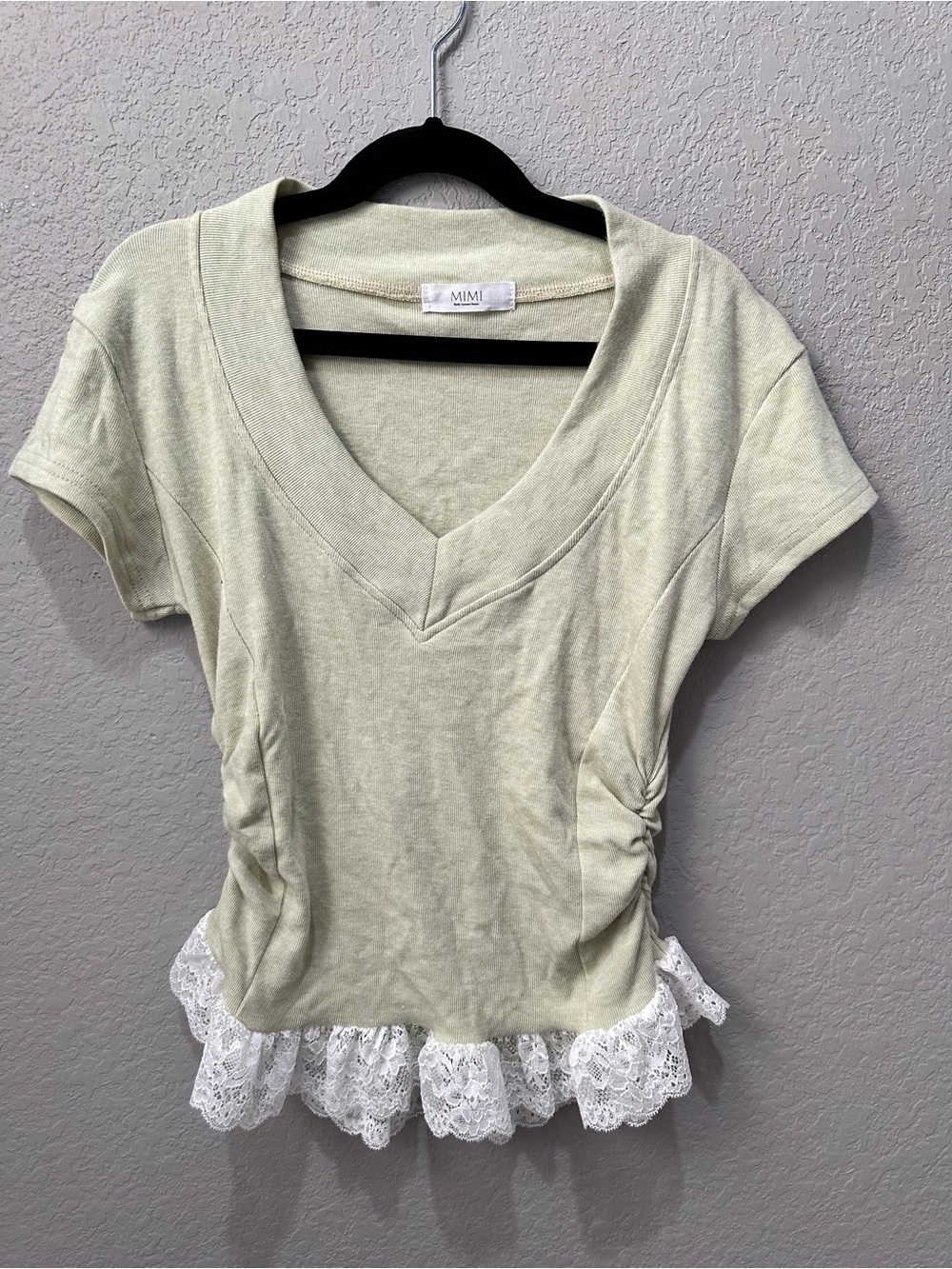 Source Unknown Light Sage V-Neck Top with Lace Trim